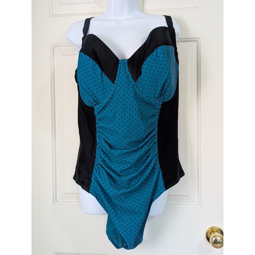 NWT Terra Sky One Piece Swimsuit 4X Blue Black Polka Dot Tummy Control Ruching